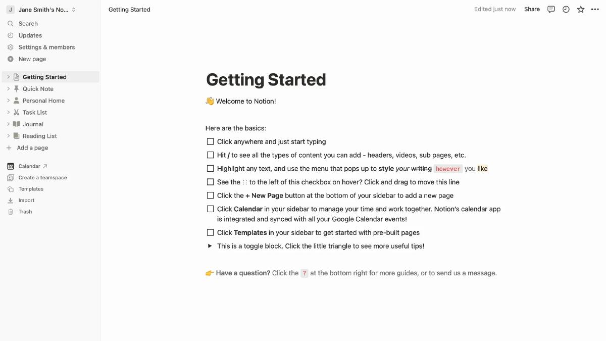 Screenshot from Notion’s getting started template