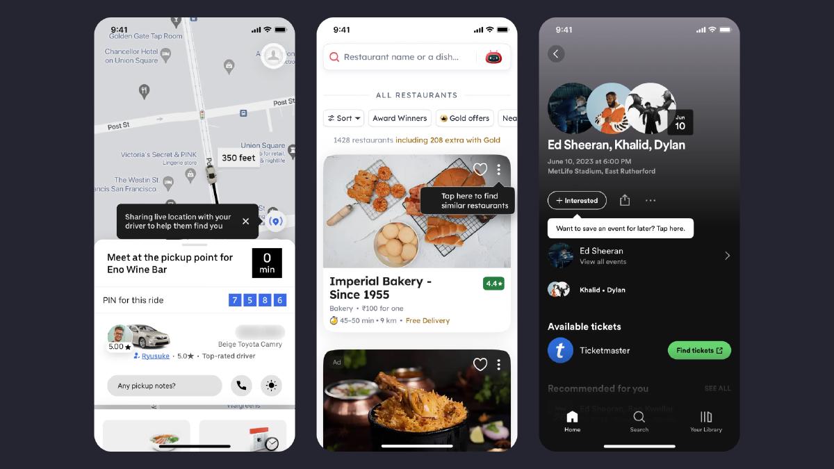 Tooltip examples from Uber, Zomato and Spotify