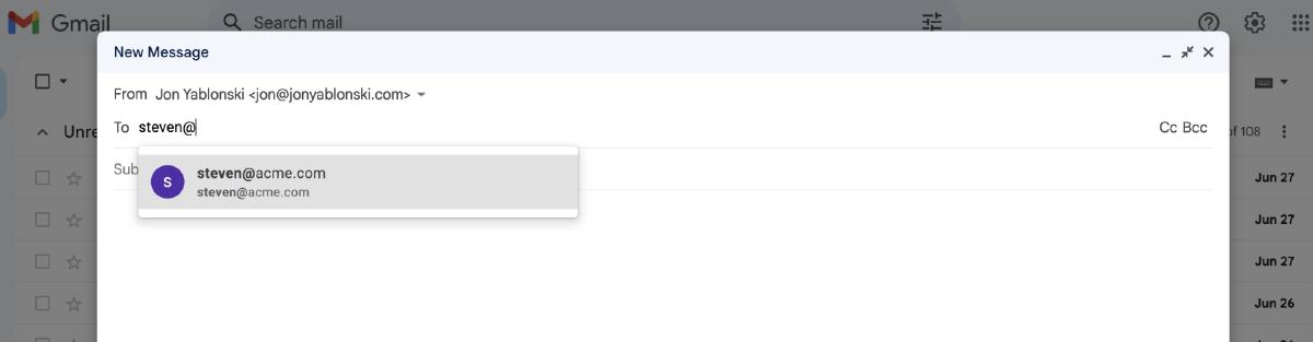 Figure 9-1. Modern email clients reduce complexity by populating the 'from' line and suggesting the 'to' line based on prior emails (source: Gmail, 2023)