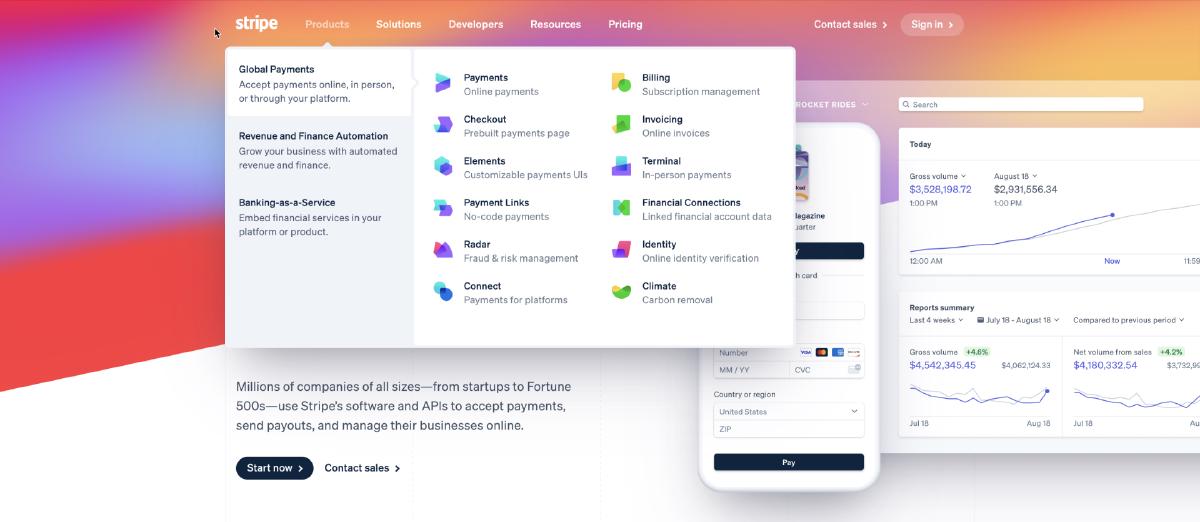 Figure 9-7. Progressive disclosure menu on Stripe.com (source: Stripe, 2023)