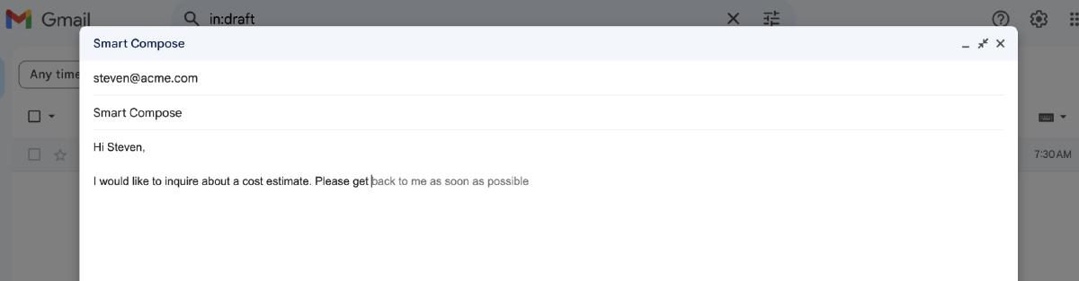 Figure 9-2. Example of Gmail’s Smart Compose feature (source: Gmail, 2023)
